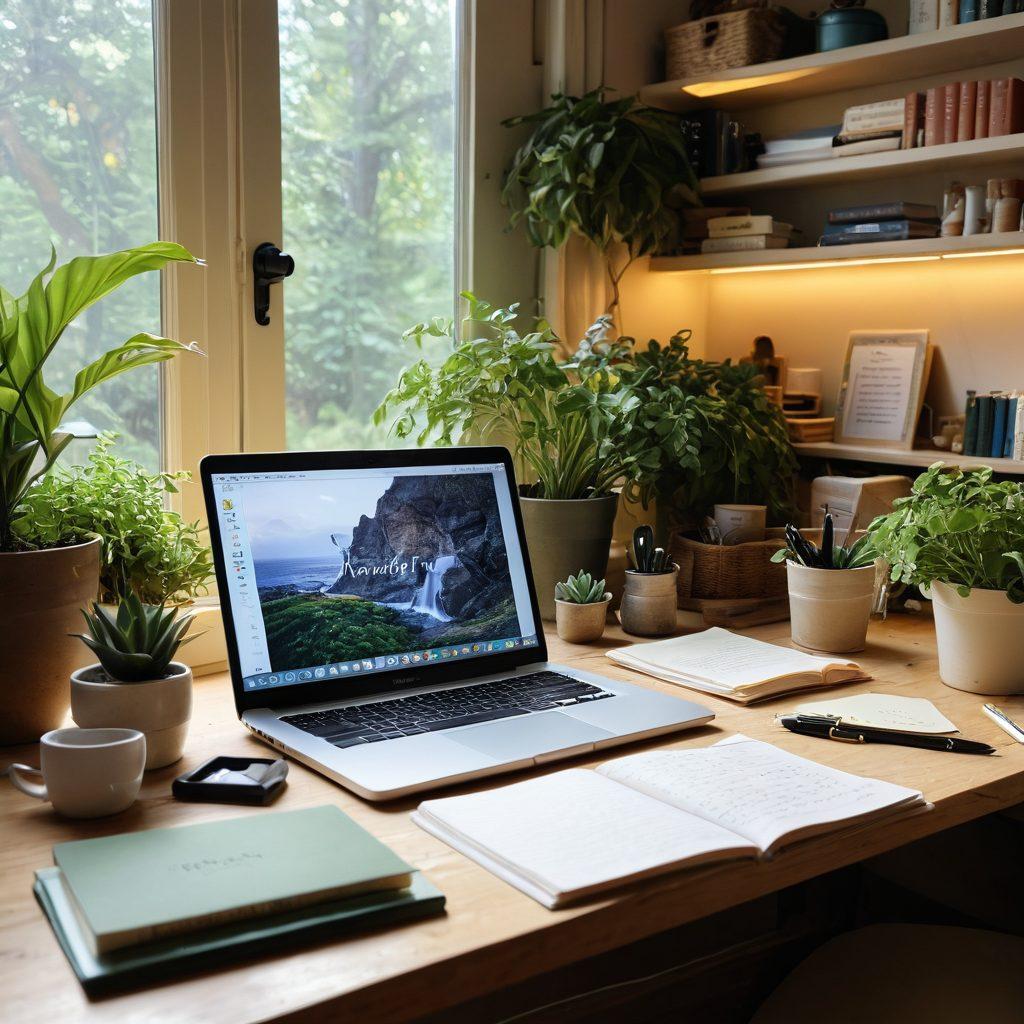 A serene workspace filled with craft supplies, journals, and a laptop displaying a beautifully designed blog interface. A person is gently writing with a fountain pen, surrounded by plants and warm light, symbolizing creativity and personal expression. A subtle journey theme is represented through a winding road of words flowing from their mind to the screen. super-realistic. vibrant colors. natural lighting.