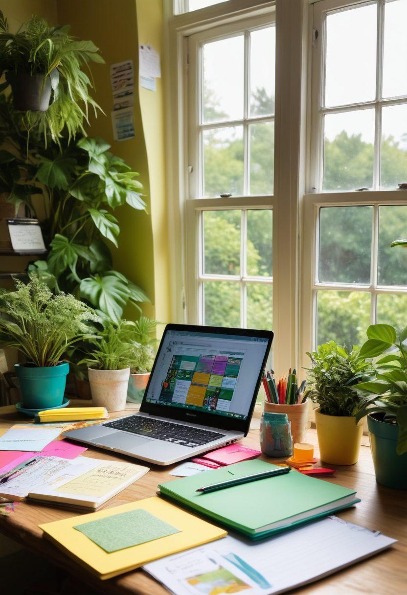 A whimsical workspace filled with colorful notebooks, flowing pens, and an open laptop displaying a vibrant blog layout. Surrounding the desk are inspirational quotes on post-its, lush green plants, and creative art supplies. Above, a window showing a sunny day outside to evoke a feeling of possibility and inspiration. The overall scene radiates creativity and innovation. super-realistic. vibrant colors. soft focus.
