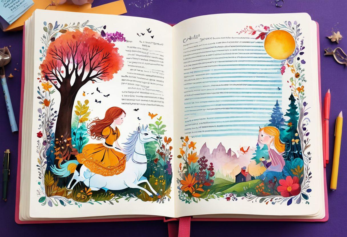 An open journal with pages filled with captivating stories, surrounded by whimsical illustrations coming to life, such as characters and scenes from different tales. Include vibrant colors and a magical aura to enhance the sense of creativity and engagement. The background should be light and airy, making the journal the focal point of the composition. super-realistic. vibrant colors. whimsical style.